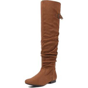 Women's Tan Suede Over The Knee Thigh High Comfortable Low Heel Winter Boots